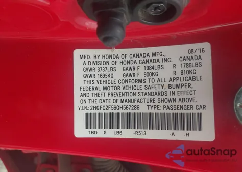 2016 Honda Civic Lx z USA, uszkodzony, nr VIN 2HGFC2F56GH567286